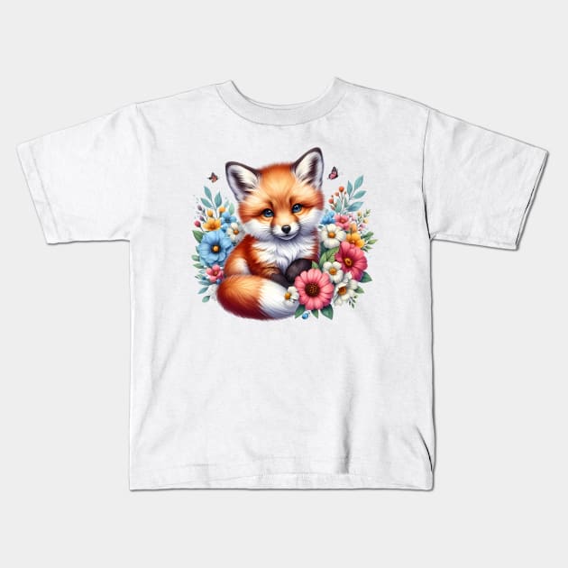 A red fox decorated with beautiful colorful flowers. Kids T-Shirt by CreativeSparkzz